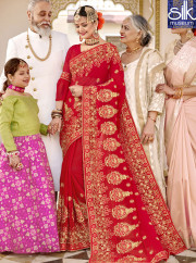 Attractive Red Color Georgette New Designer Wedding Wear Saree