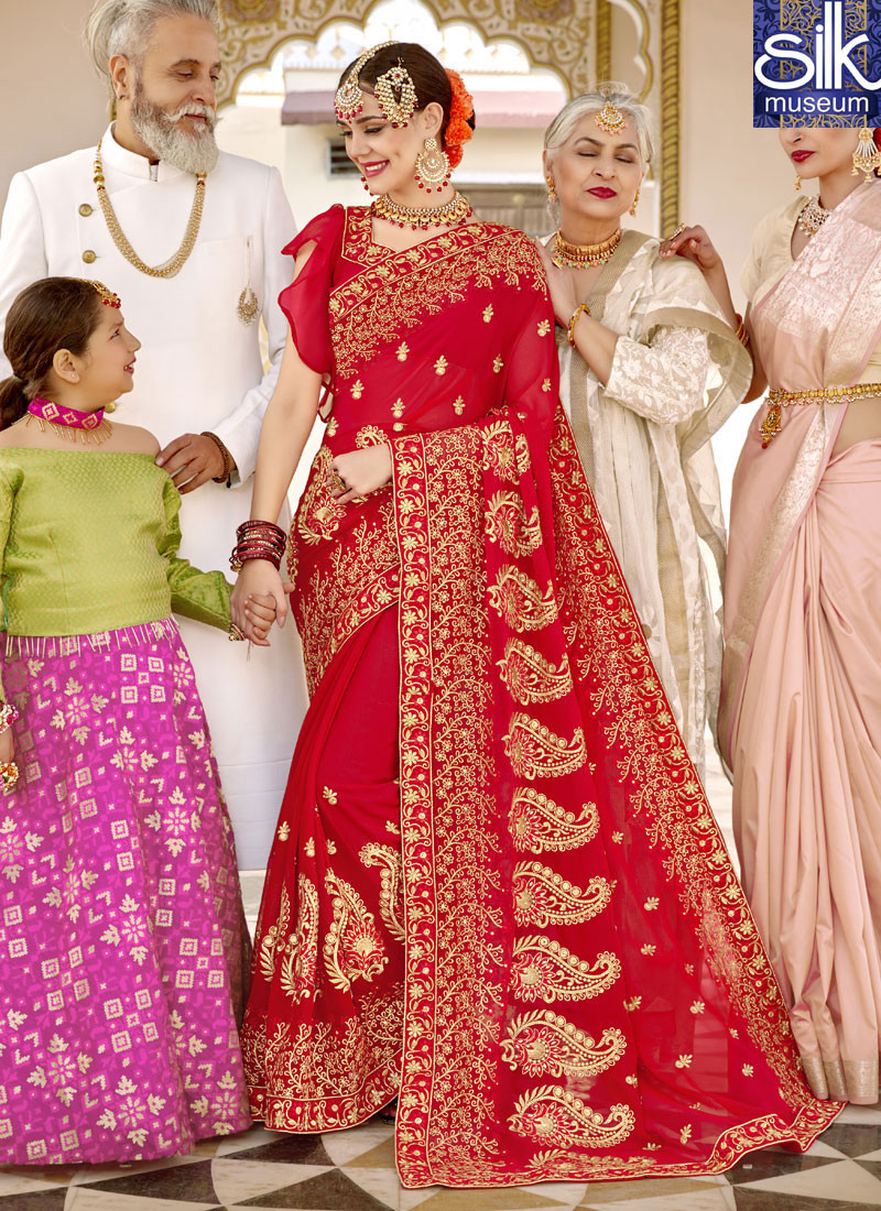 Eye Catchy Red Color Georgette New Designer Wedding Wear Saree