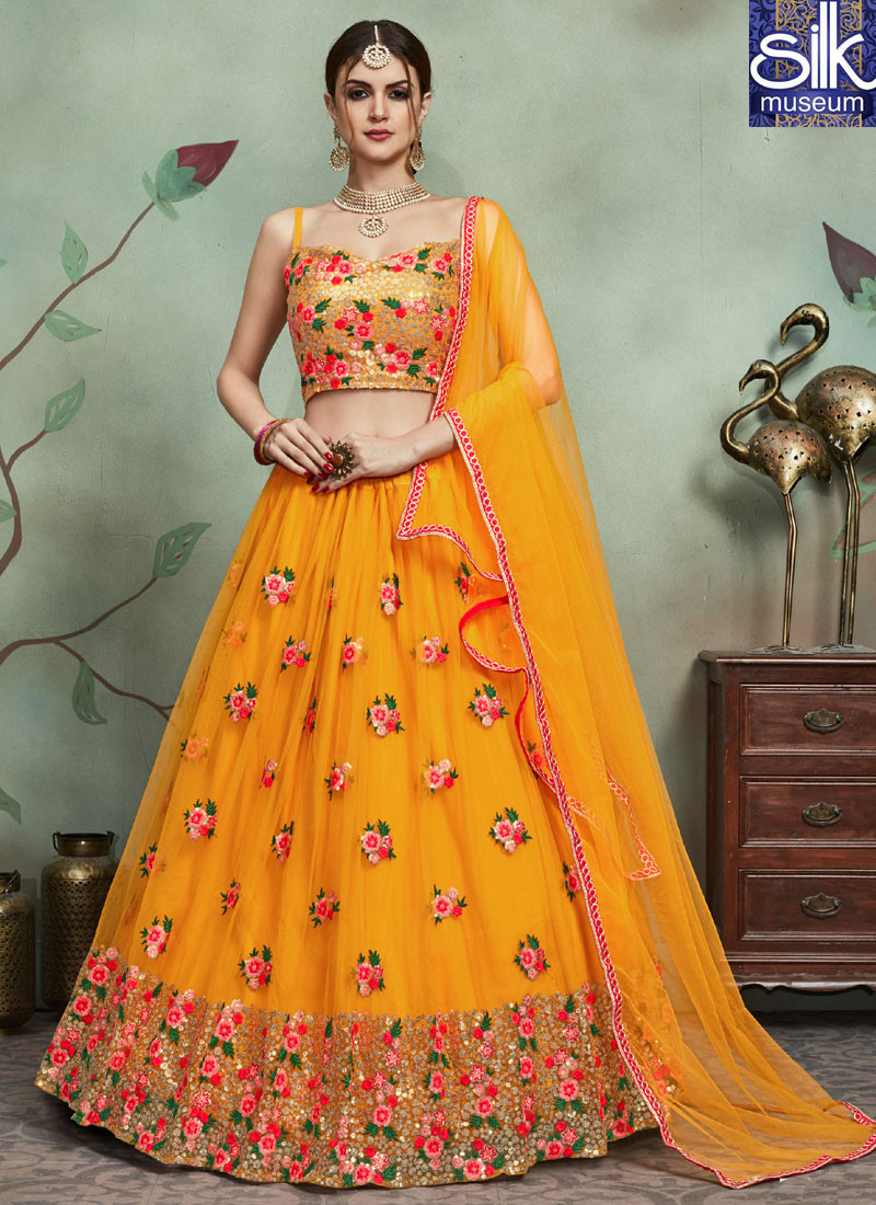 Speechless Mustard Color Soft Net Fabric Designer Wedding Wear Lehenga Choli