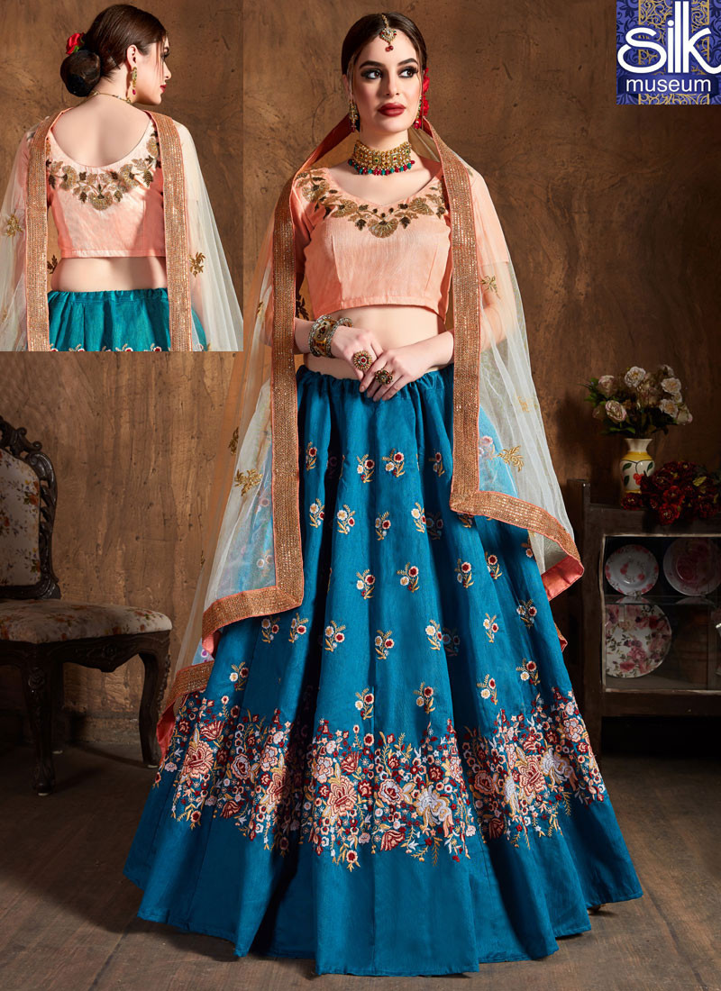 Sparkling Blue Color Raw Silk New Designer Wedding Wear Lehenga Choli