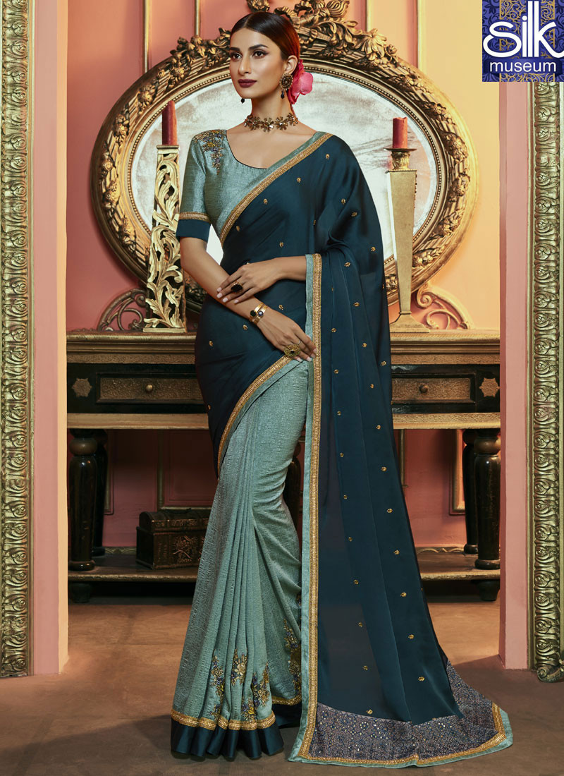 Sparkling Teal With Sea Green Color Art Silk Designer Party Wear Saree