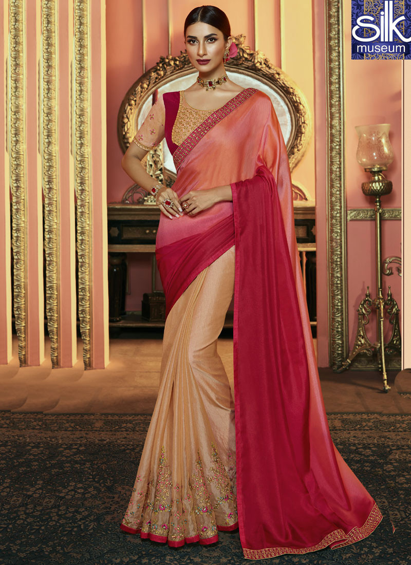 Awesome Peaches Pink Color Art Silk New Designer Party Wear Saree