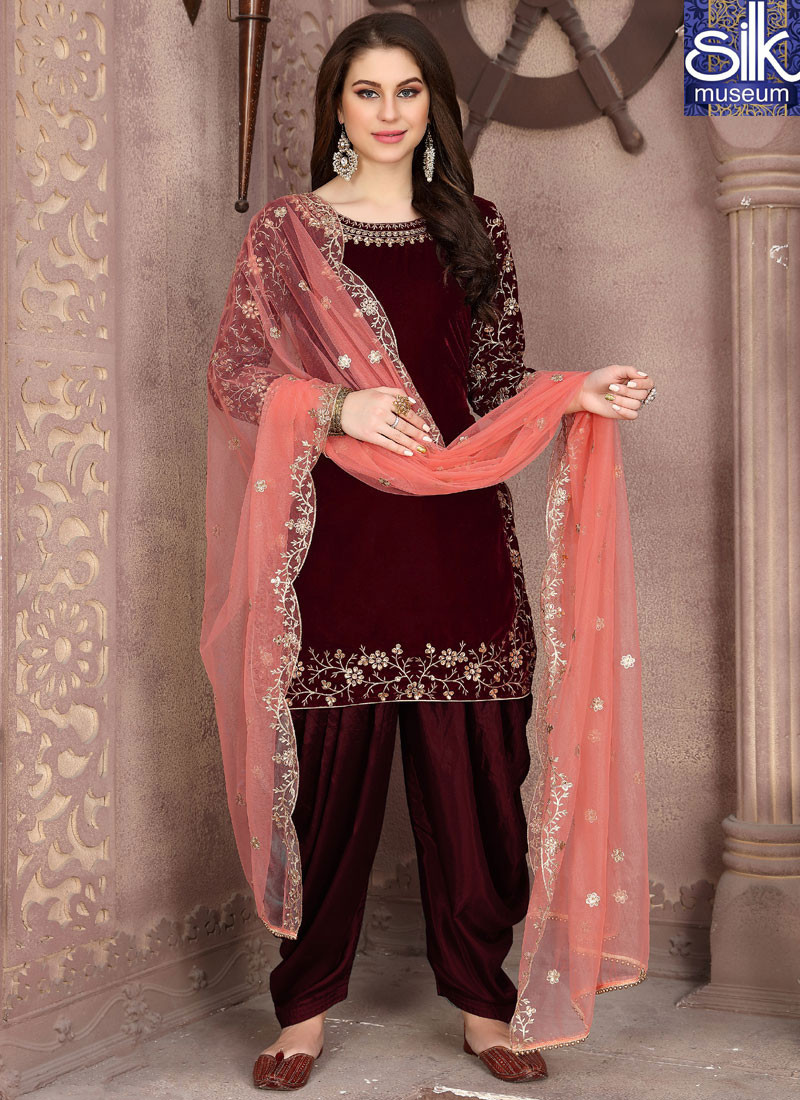 Outstanding Maroon Color Velvet New Designer Party Wear Punjabi Suit