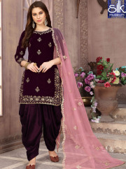 Attractive Wine Color Velvet Fabric Designer Party Wear Patiyala Suit