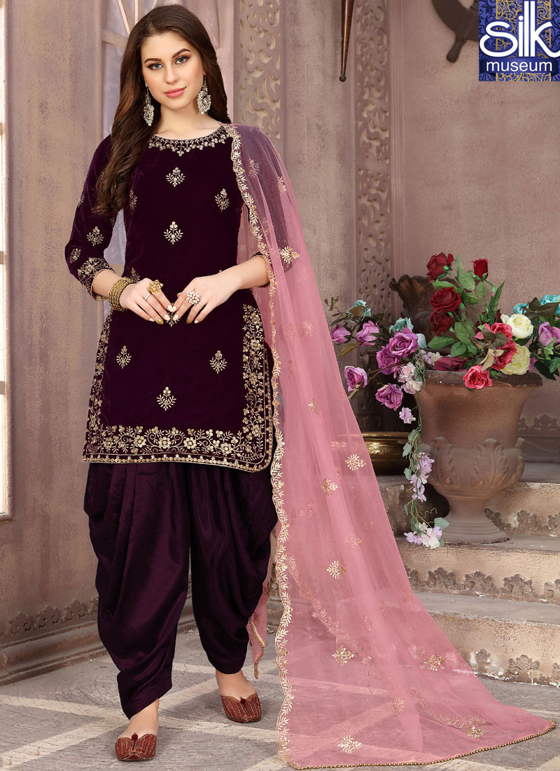 Attractive Wine Color Velvet Fabric Designer Party Wear Patiyala Suit