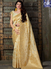 Delightful Cream Color Banarasi Silk Designer Traditional Party Wear Saree