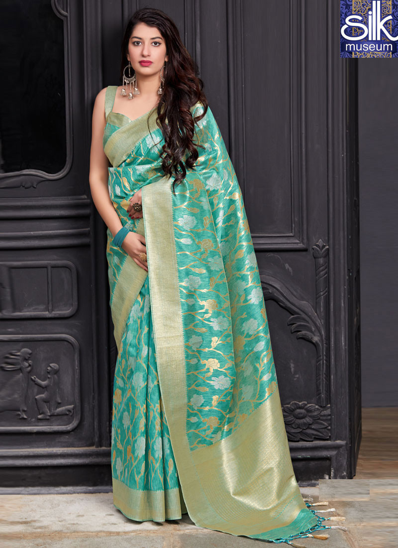 Attractive Turquoise Color Banarasi Silk Designer Party Wear Traditional Saree