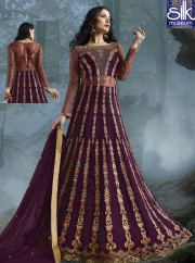 Adorable Wine Color Soft Net Designer Wedding Wear Anarkali Suit