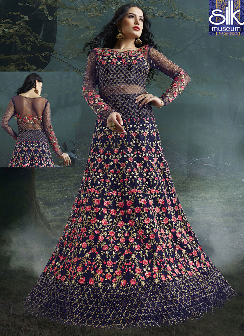 Divine Violet Color Net Designer Wedding Wear Floor Length Anarkali Suit