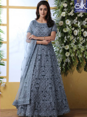 Alluring Grey Color Net Designer Party Wear Anarkali Gown