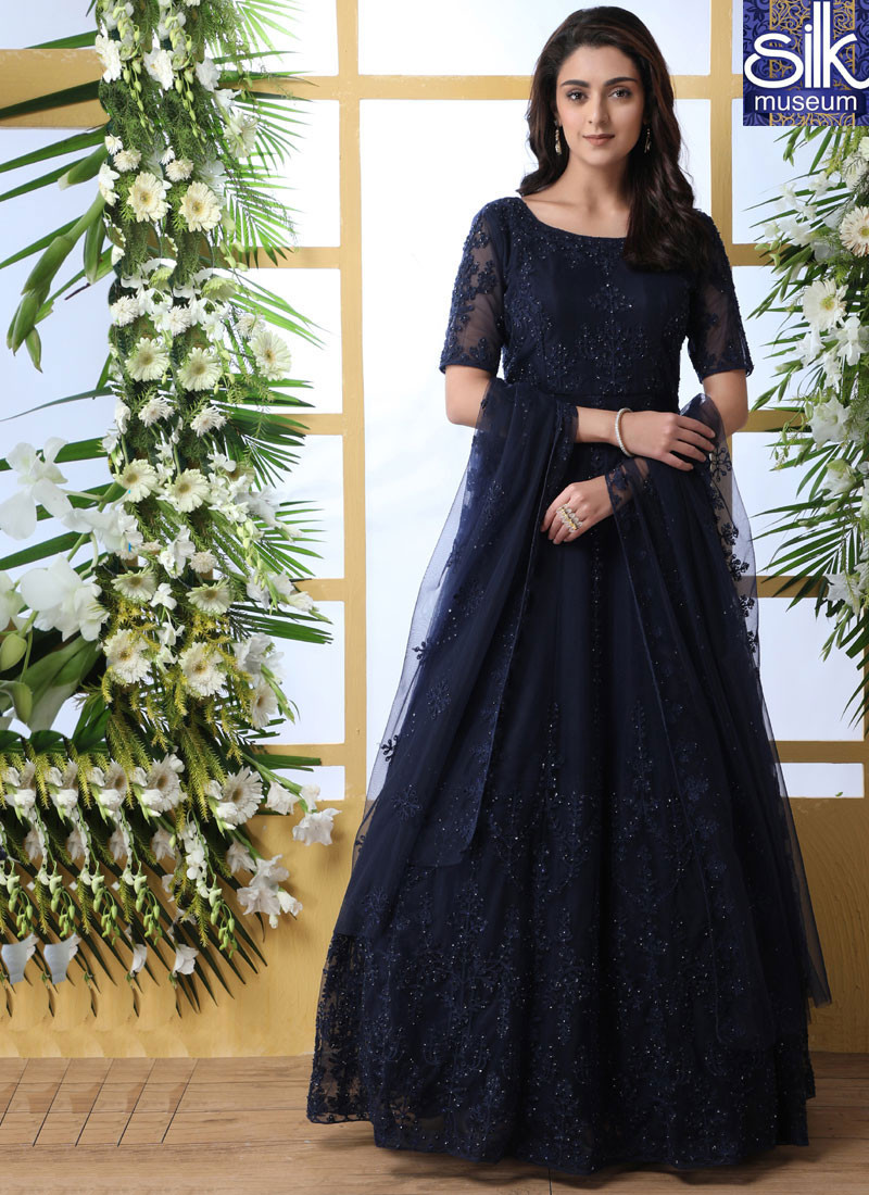 Divine Blue Color Soft Net Designer Wedding Wear Anarkali Gown