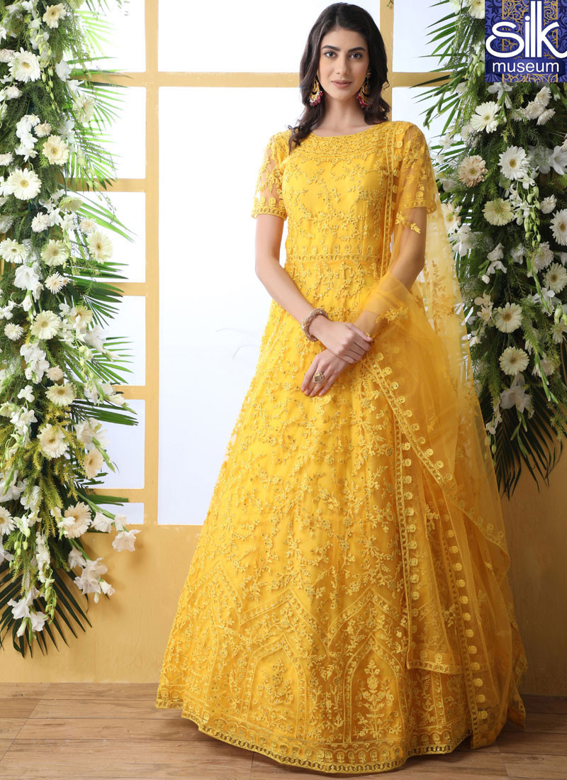 Outstanding Yellow Color Soft Net Designer Thread Work Anarkali Gown