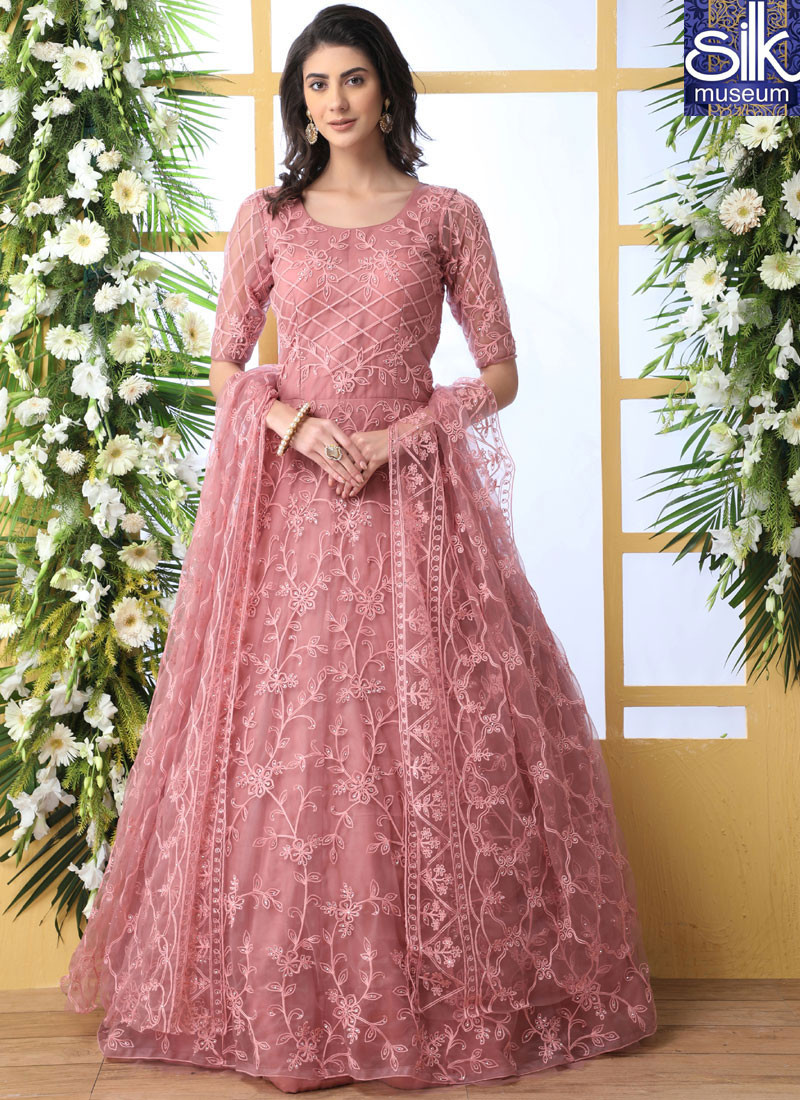 Beautiful Onion Pink Color Soft Net Designer Party Wear Thread Work Anarkali Gown
