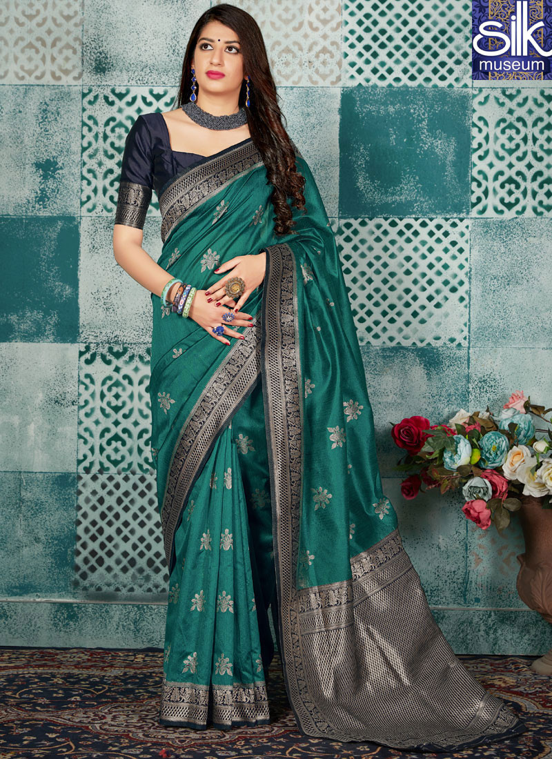 Teal Color Banarasi Silk New Designer Traditional Party Wear Saree