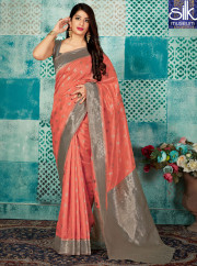 Peach Color Banarasi Silk New Designer Traditional Party Wear Saree