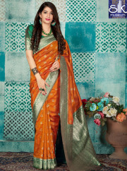 Orange Color Banarasi Silk Fabric New Traditional Party Wear Saree