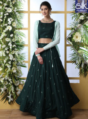 Eye Catchy Green Color Muslin Fabric With Georgette Jacket Pattern Lehenga Choli