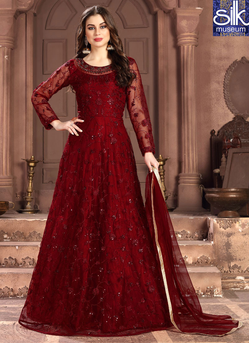 Eye Catchy Red Color Soft Net Designer Party Wear Floor Length Anarkali Suit