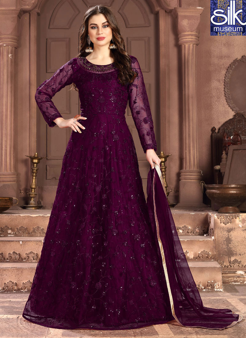 Lovely Purple Color Soft Net New Designer Party Wear Floor Length Anarkali Suit