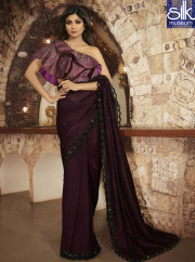 Beautiful Shilpa Shetty In Wine Color Silk Fabric Designer Party Wear Saree