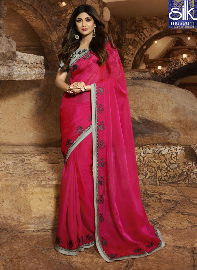 Majestic Rani Pink Color Satin Georgette New Designer Party Wear Saree
