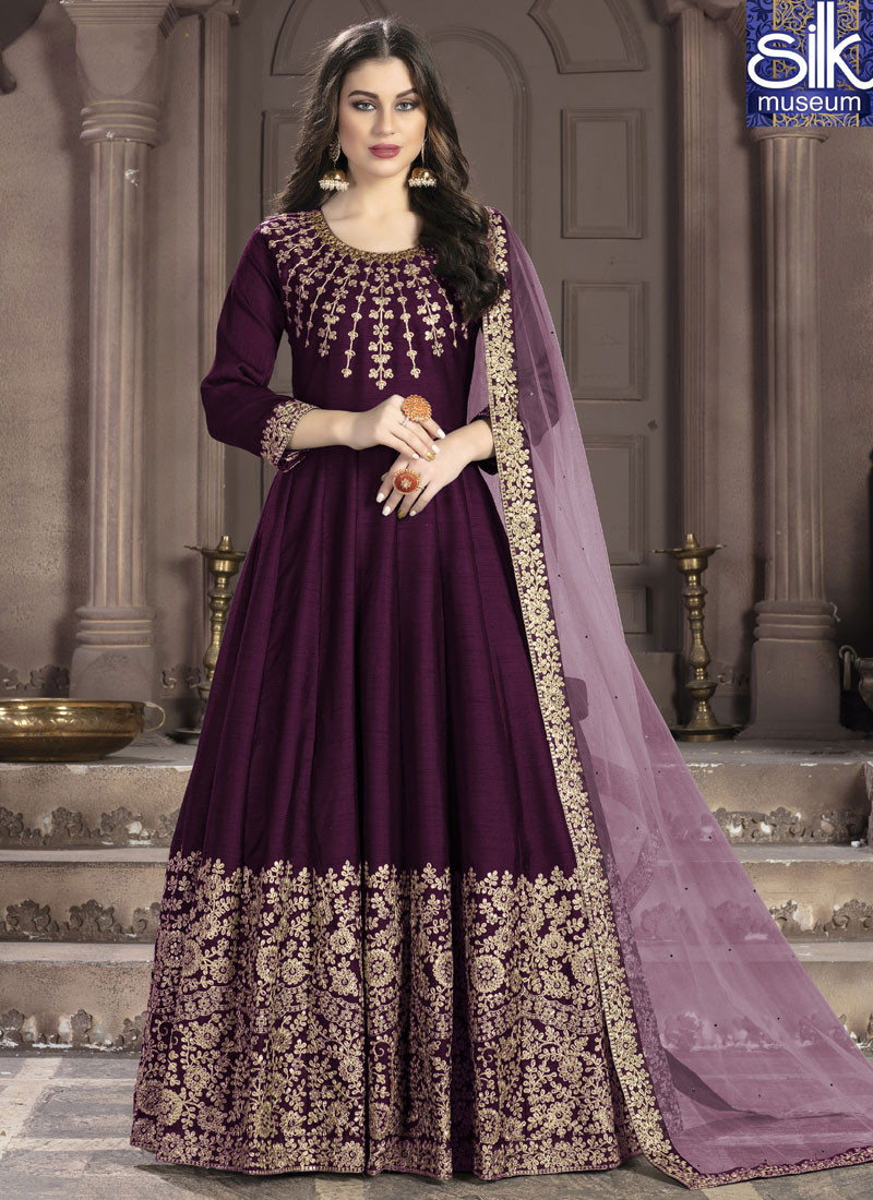 Superb Wine Color Art Silk New Designer Floor Length Wedding Wear Anarkali Suit