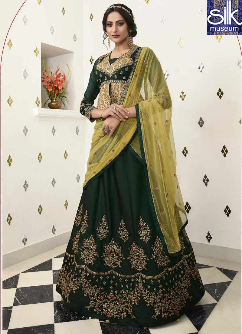 Speechless Green Color Satin Silk With Velvet Designer Wedding Wear Lehenga Choli