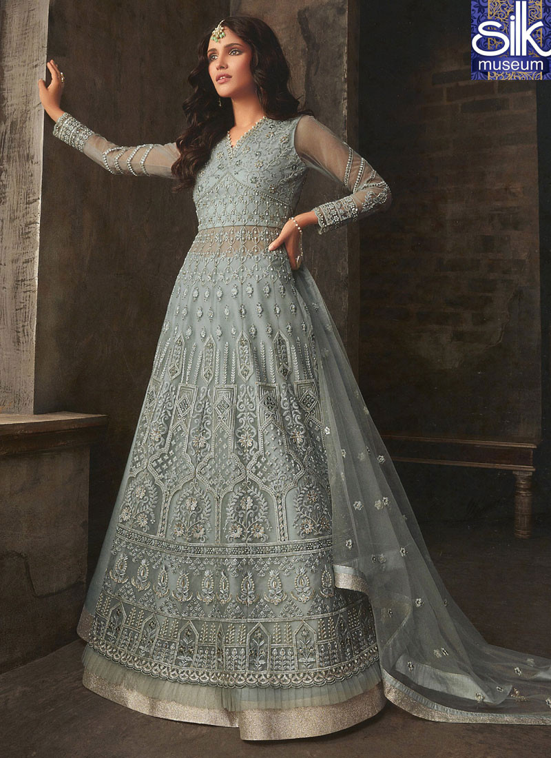 Adorable New Grey Color Net With Art Silk Designer Indo Western Suit