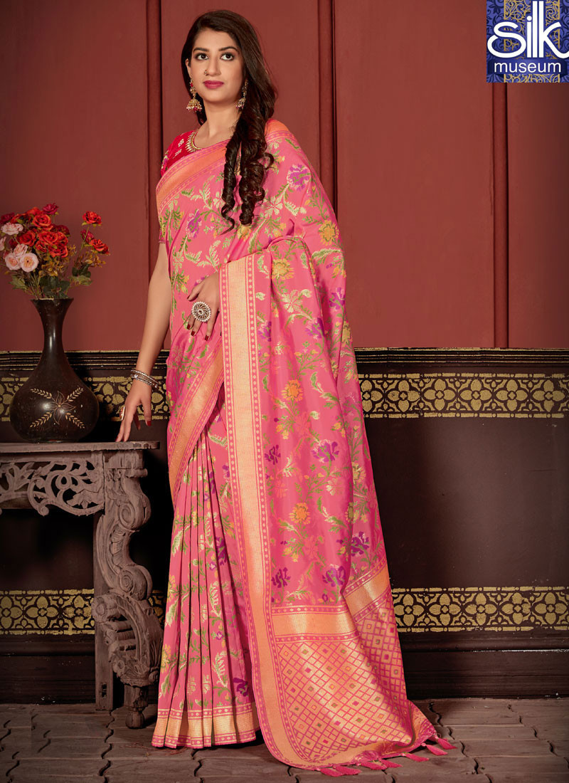 Divine Pink Color New Traditional Banarasi Silk Party Wear Saree