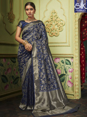 Awesome Blue Color Banarasi Silk Party Wear Designer Saree