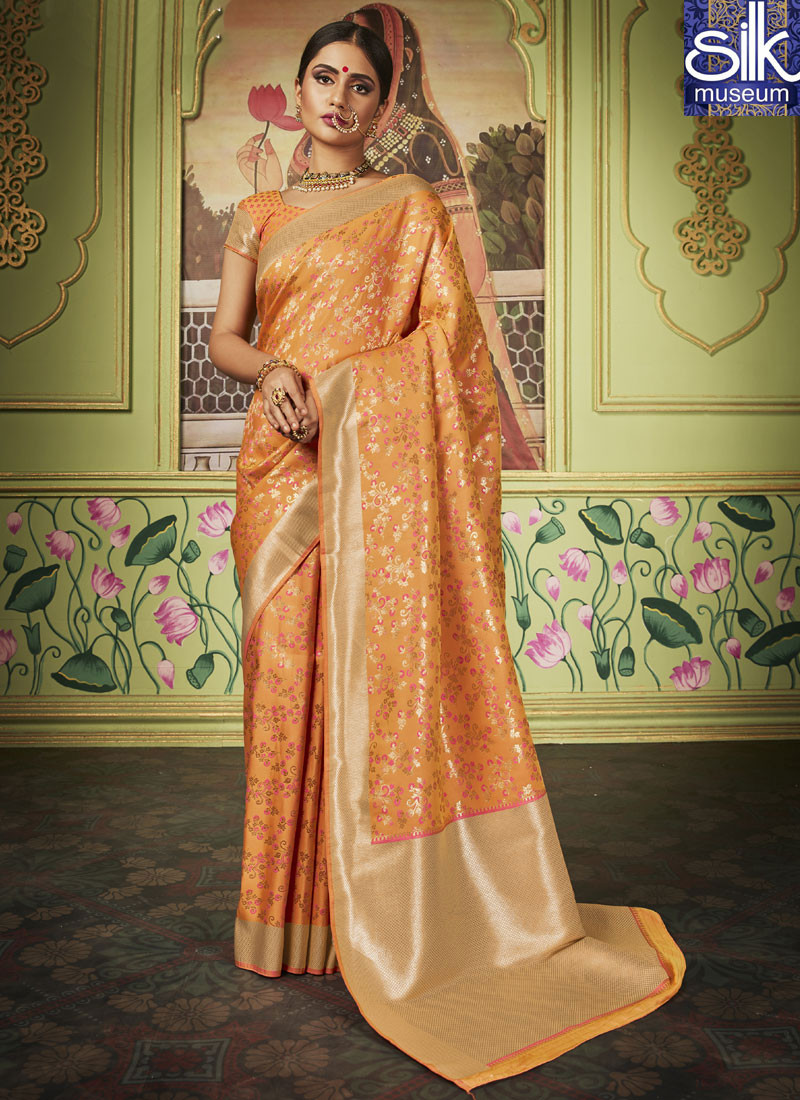 Lovely Orange Color Banarasi Silk New Traditional Party Wear Saree