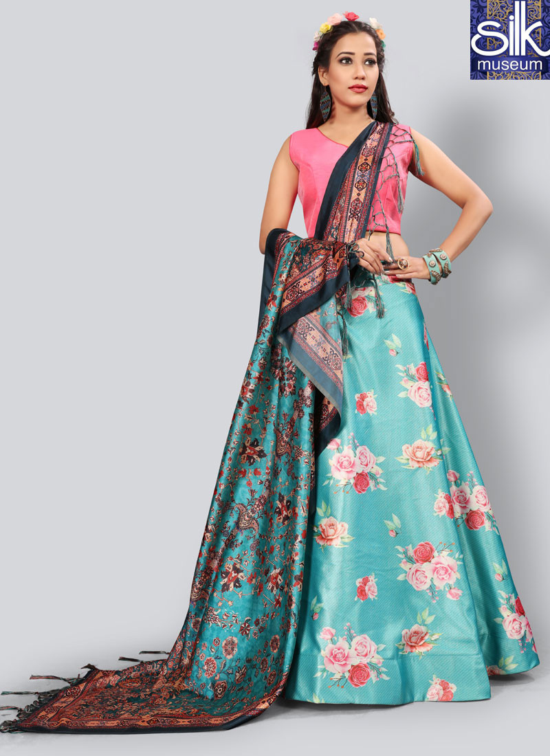 Splendorous Turquoise Color Satin Silk Designer Party Wear Lehenga Choli