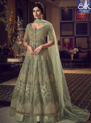 Splendorous Green Color Net Fabric New Designer Party Wear Indo-Western Lehenga Suit