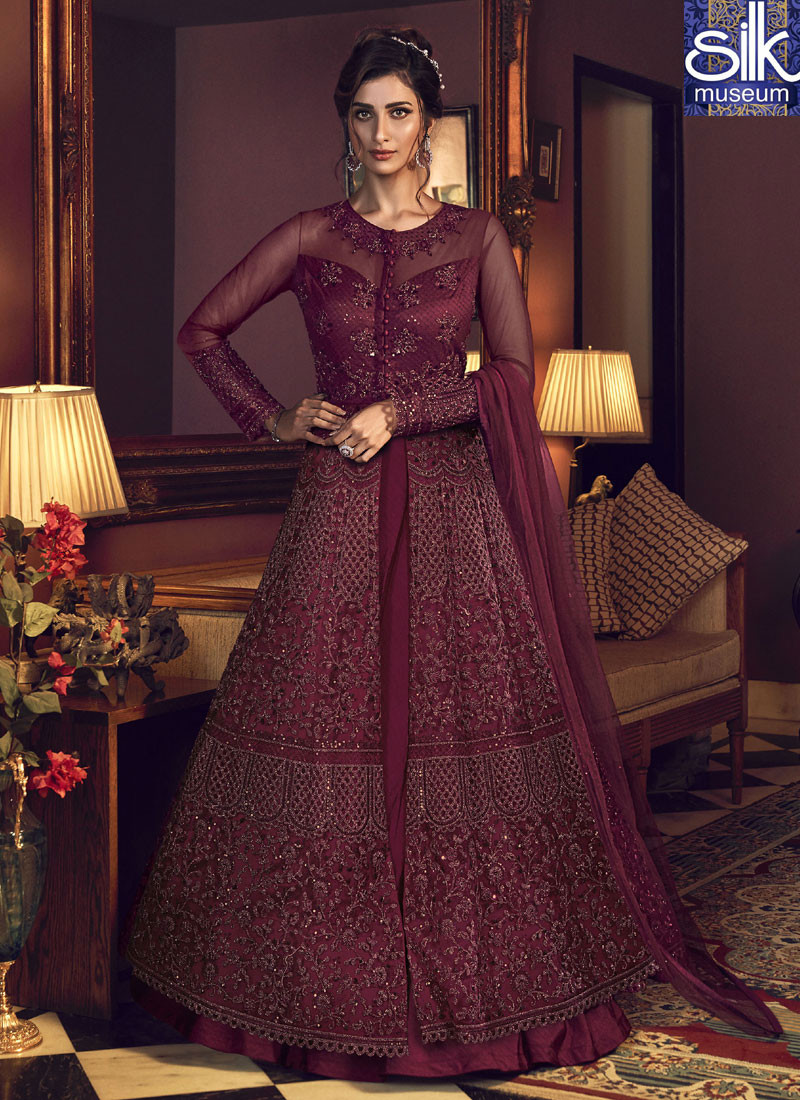 Awesome Wine Color Soft Net New Designer Long Top Indo-Western Lehenga Suit