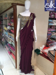 Ready To Wear Saree In Wine Color Antique Hand Work