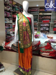 Pure Gaji Silk Saree In Hand Work Traditional Colors - Orange - Pink - Green