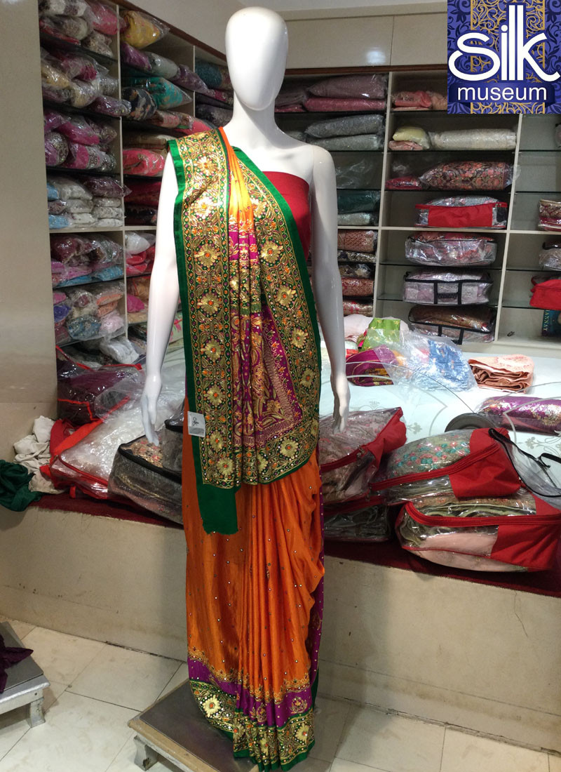 Pure Gaji Silk Saree In Hand Work Traditional Colors - Orange - Pink - Green