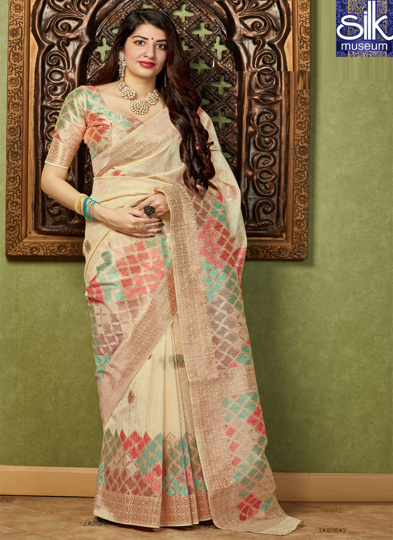 Cream Color Trendy Silk Weaving Saree