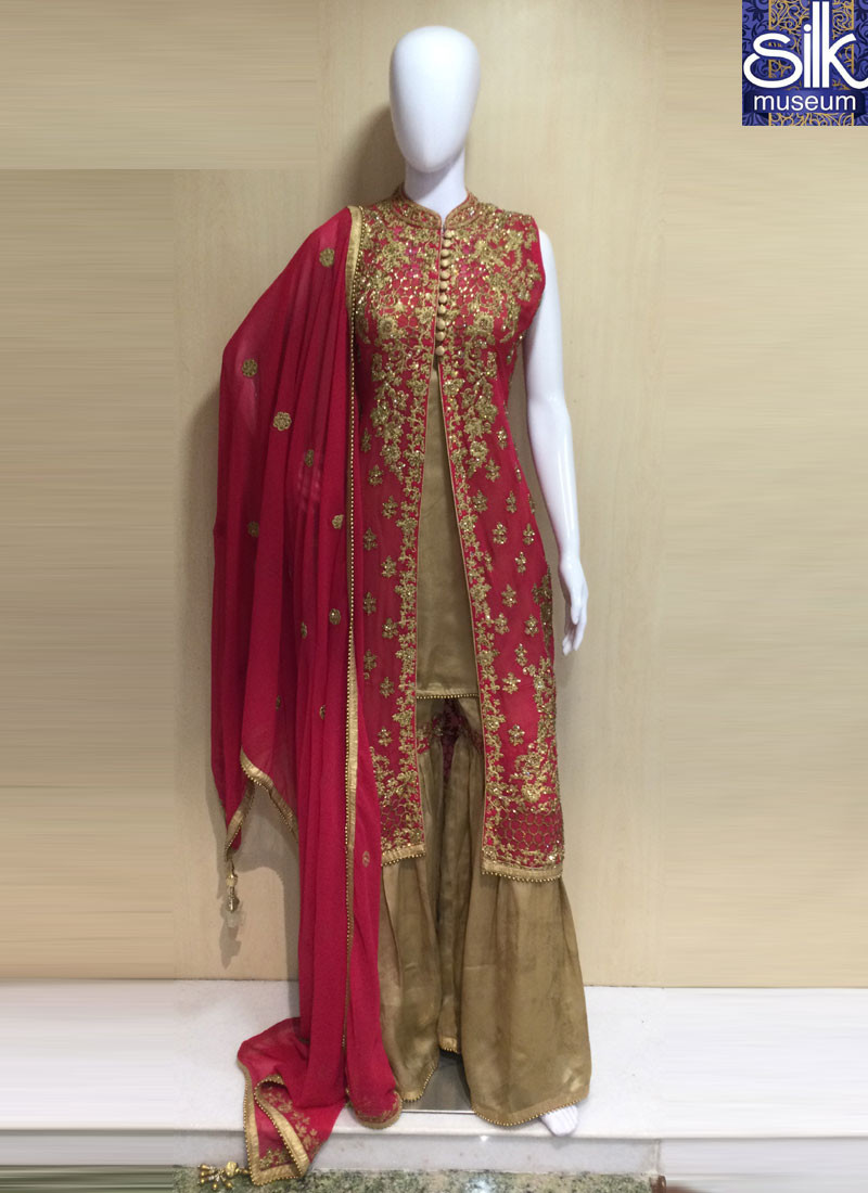 Divine Gold With Rani Color Georgette Designer Party Wear Shrug Garara Suit
