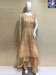 Adorable Gold Color Silk With Net New Designer Peplum Pant Suit