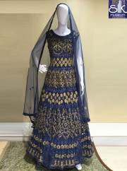 Divine Blue Color Net Designer Wedding Wear Hand Work Readymade Gown