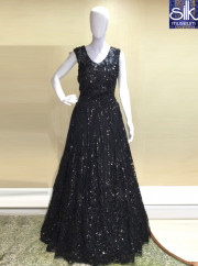 Stunning Black Color Net Designer Sequence Work Readymade Gown