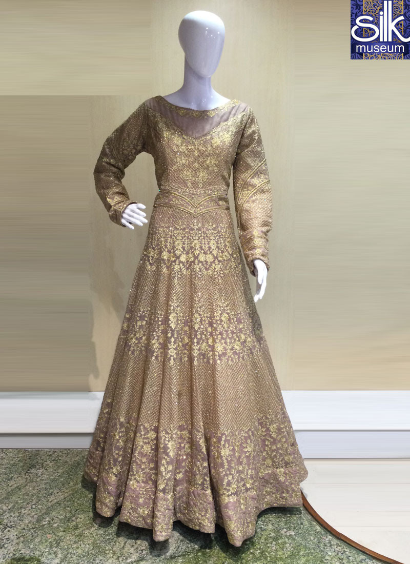Attractive Gold Color Net Fabric Designer Diamond Work Readymade Gown