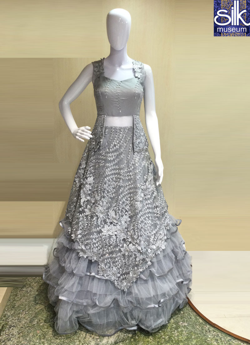 Stunning Grey Color Net New Designer Applique Work Readymade Gown
