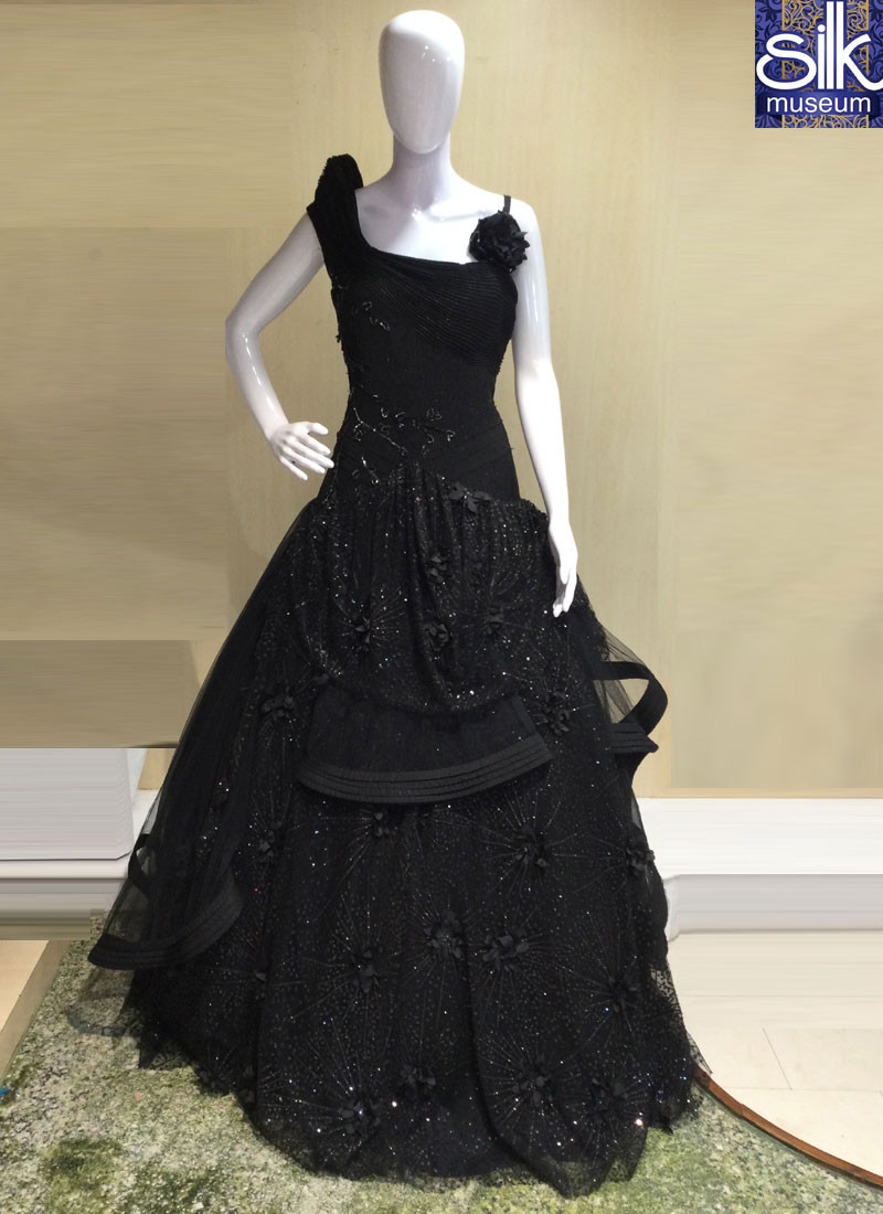 Majestic Black Color Net Fabric Designer Applique Sequence Work Readymade Gown