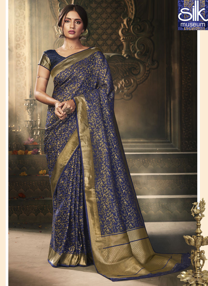 Majestic Blue Color Silk Designer Party Wear Traditional Saree