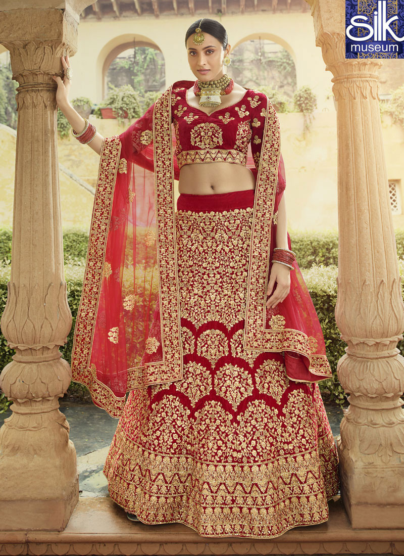 Divine Red Color Velvet Designer Bridal Wear Lehenga Choli