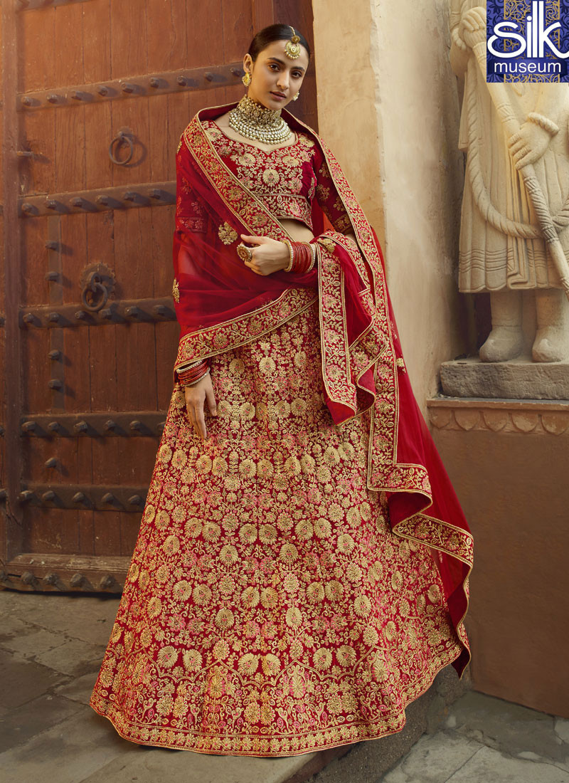 Wonderful Red Color Velvet Fabric Designer Bridal Wear Lehenga Choli