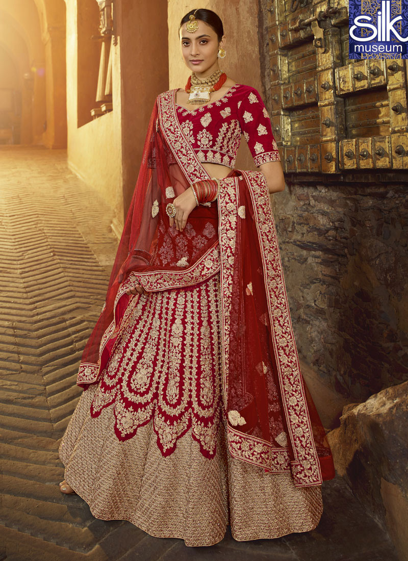 Magnetic Red Color Velvet New Designer Bridal Wear Lehenga Choli