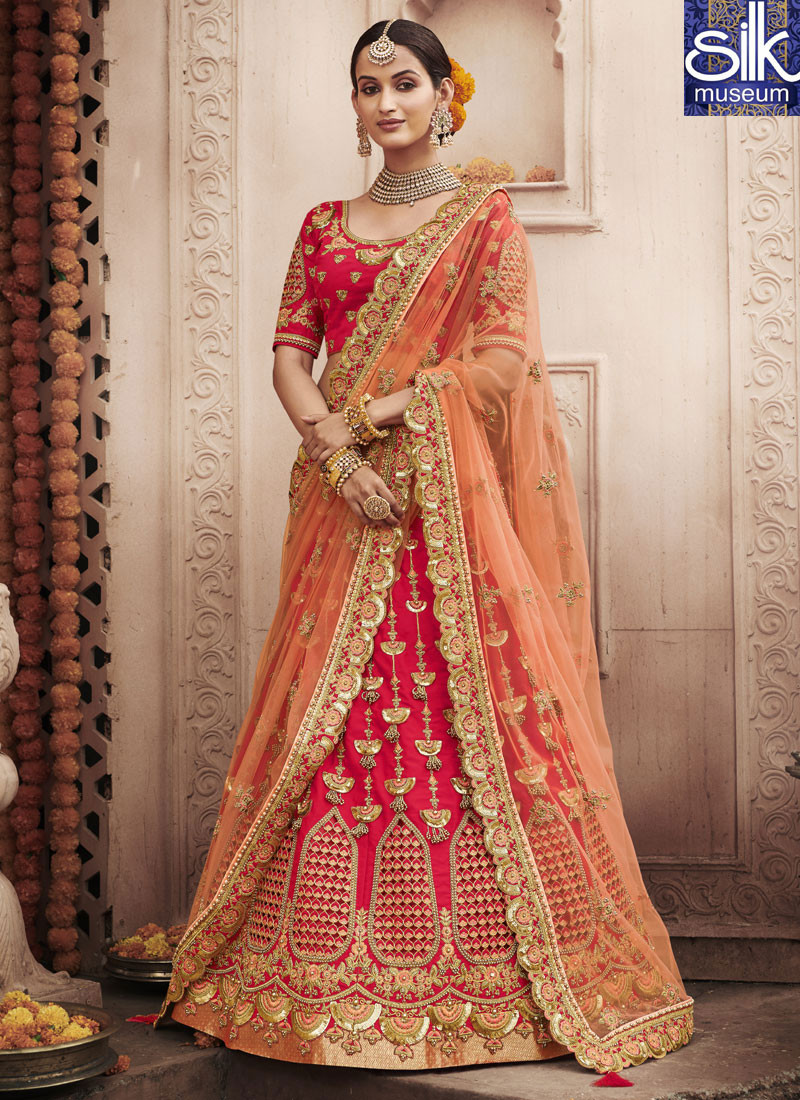 Sparkling New Tomato Red Color Silk Fabric Designer Wedding Wear Lehenga Choli